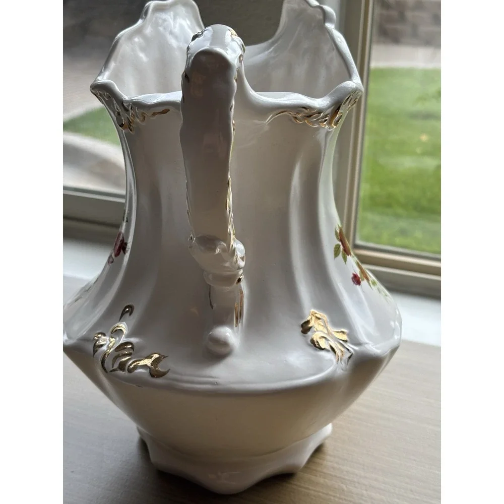 Beautiful Vintage Hobbyist 1977 Hand Painted Red Rose Ceramic Pitcher Vase